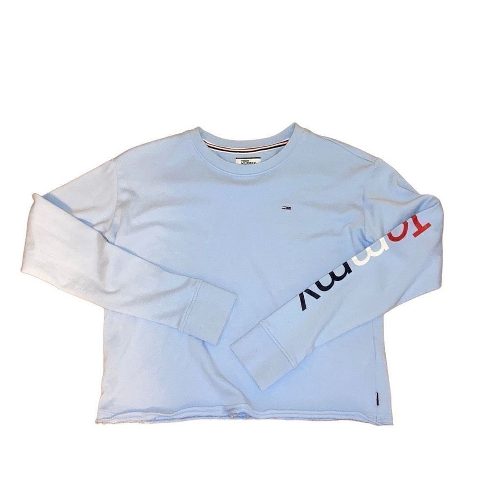 Tommy Hilfiger Light Blue Cotton Cropped Crewneck Logo Hoodie Sweatshirt XXS